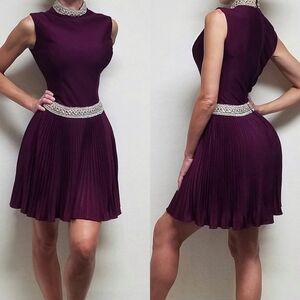 Vintage 60s Handmade Burgundy Gold Beaded Drop-Waist Mock Neck Plisse Mini Dress